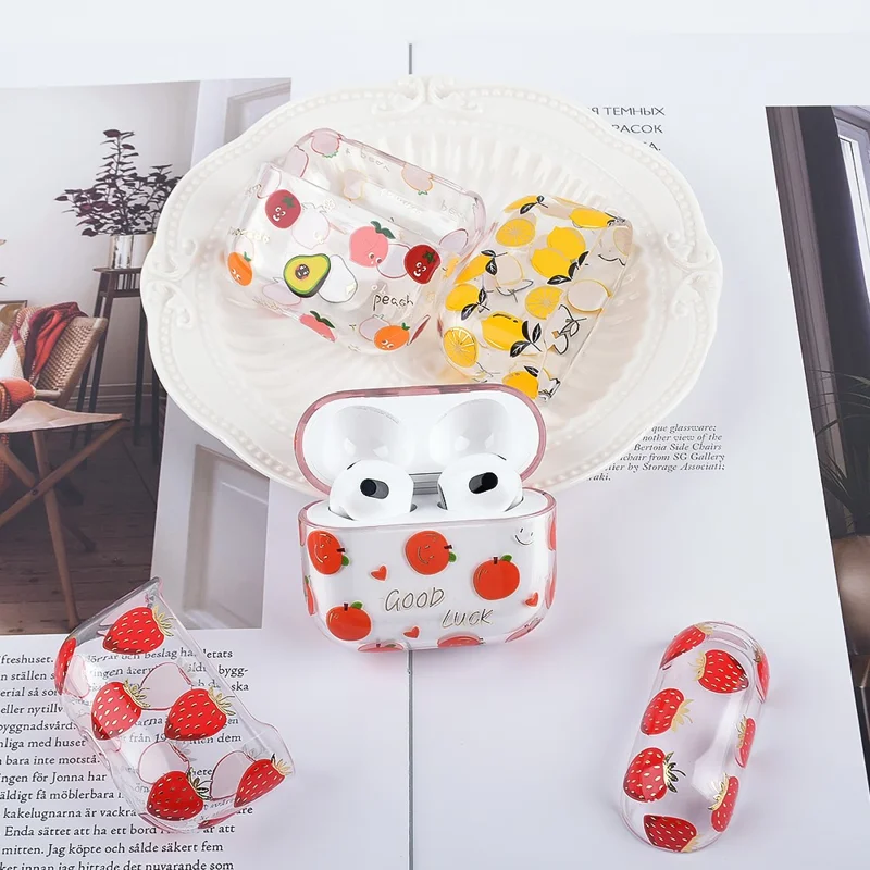 Fruit Flower Pattern Gold Stamping Hard PC Earphone Charging Box Protective Case Cover for Apple AirPods 3 - F04