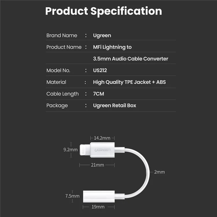 Ugreen Para Iphone 13 12 MFI Lightning a 3.5 mm Convertidor de Auriculares de Cable de Adaptador de Audio