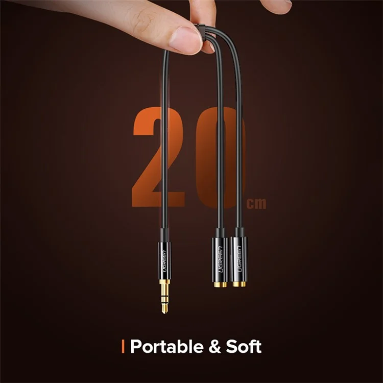 UGREEN 20816 20cm 3.5mm Male to Dual 3.5mm Female Adapter AUX Cable Gold-Plated Connectors Braided Copper Wire for PCs/Laptops/Smartphones - Black