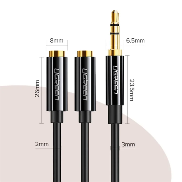 UGREEN 20816 20cm 3.5mm Male to Dual 3.5mm Female Adapter AUX Cable Gold-Plated Connectors Braided Copper Wire for PCs/Laptops/Smartphones - Black
