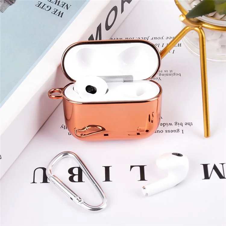 Electroplating Earphone Case for Apple AirPods 3, Full-Body Hard PC Shockproof Cover with Hook - Rose Gold