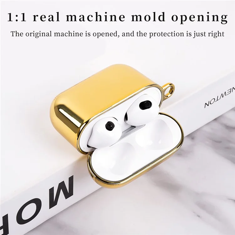 Electroplating Earphone Case for Apple AirPods 3, Full-Body Hard PC Shockproof Cover with Hook - Rose Gold