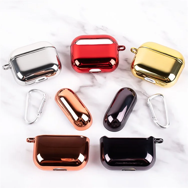 Electroplating Earphone Case for Apple AirPods 3, Full-Body Hard PC Shockproof Cover with Hook - Rose Gold