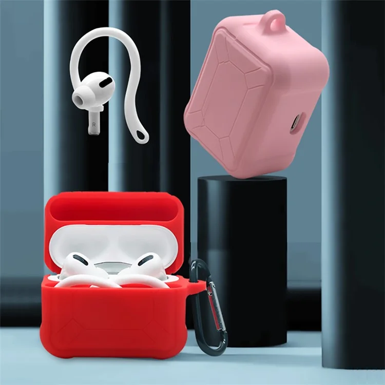 Pour Apple Airpods Pro 3-en-1 Case de Protection en Silicone + Co-oreille + Ensemble de Protection Anti-carabiner Anti-Lost - Rouge