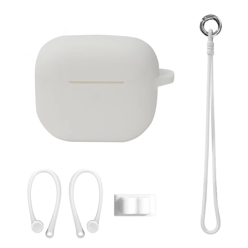 4Pcs/Set For Apple AirPods 3 Protective Case Set Earbuds Soft Silicone Protector Kit with Wrist Strap/Strap Buckle/Ear Hook - White