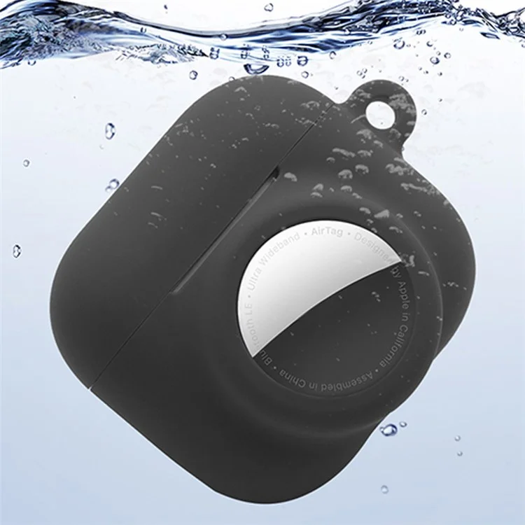 For Apple AirPods 3 + for AirTag 2-in-1 Silicone Protective Cover Drop-proof Dust-proof Case with Carabiner and Ear Caps - Black