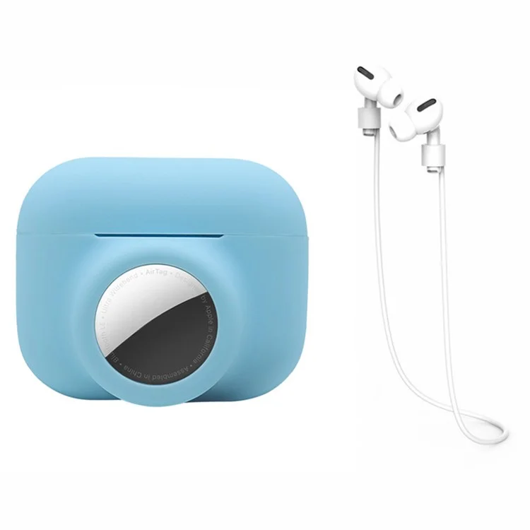 Для Apple Airpods Pro + Для Airtag 2-в-1 Силиконовой Защитный Чехол Анти-каплей с Анти-проигрышной Веревкой Для Наушников - Небо Синяя/белая Веревка