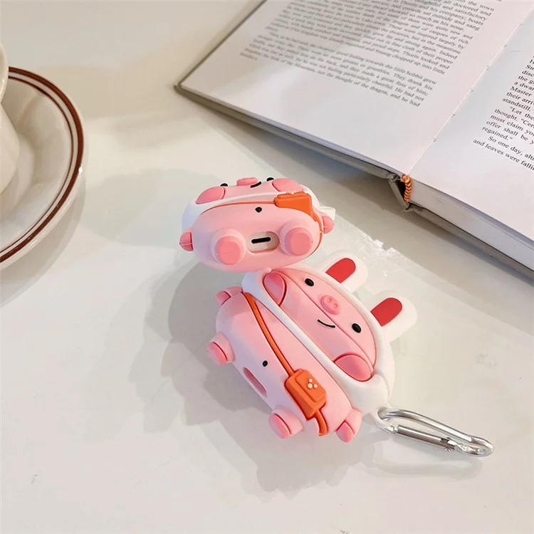 For Apple AirPods with Charging Case (2016)/(2019)/AirPods with Wireless Charging Case (2019) Cute Pig Design Earphone Silicone Case Anti-fall Protective Cover with Hook