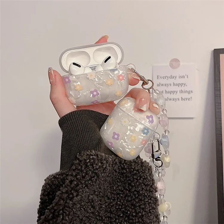 For Apple AirPods Pro Flower Pattern Anti-fall TPU Bluetooth-compatible Earphone Cover Flower Hand Strap Design Protective Case
