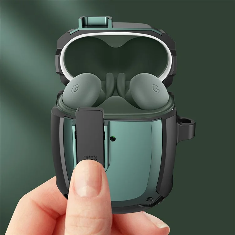 For Google Pixel Buds A Bluetooth-compatible Earbuds Protective Case Snap-on Lid Design Anti-drop Earphone Cover with Hanging Buckle - Green