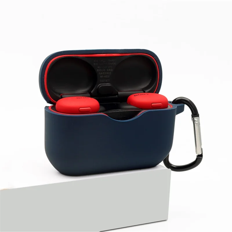 For Sony WF-H800 TWS Bluetooth-compatible Earphone Silicone Drop-proof Cover Case with Hanging Buckle - Dark Blue