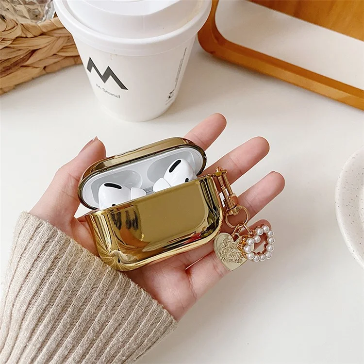 Para Apple AirPods Pro Electroplating Earbuds Soft TPU Cover Charging Case Protective Shell with Pendant - Ouro/Pingente em Forma de Coração