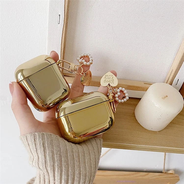 For Apple AirPods Pro Electroplating Earbuds Soft TPU Cover Charging Case Protective Shell with Pendant - Gold/Heart Pendant