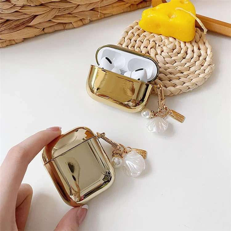 For Apple AirPods Pro Electroplating Earbuds Soft TPU Cover Charging Case Protective Shell with Pendant - Gold/Heart Pendant