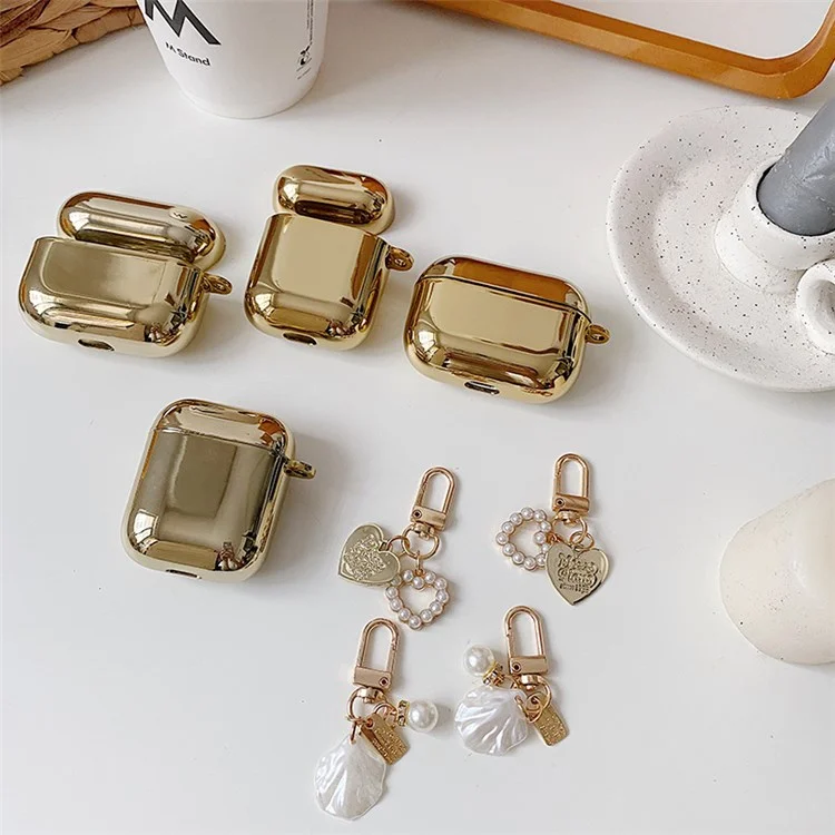 For Apple AirPods Pro Electroplating Earbuds Soft TPU Cover Charging Case Protective Shell with Pendant - Gold/Heart Pendant