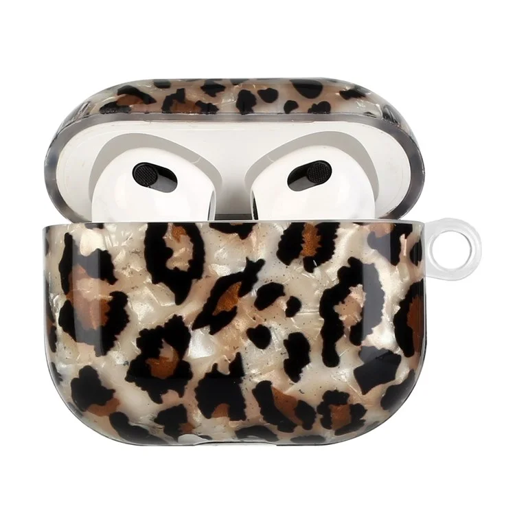 Anti-fall Earphone Case for Apple AirPods 3, Pattern Printed IMD Shell Grain TPU Cover Earbud Protector with Hook - Leopard