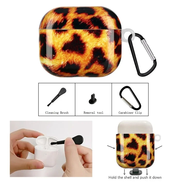 Protective Earphone Case for Apple AirPods 3, Pattern Printed IMD TPU Cover Earbud Protector with Hook - Yellow Leopard