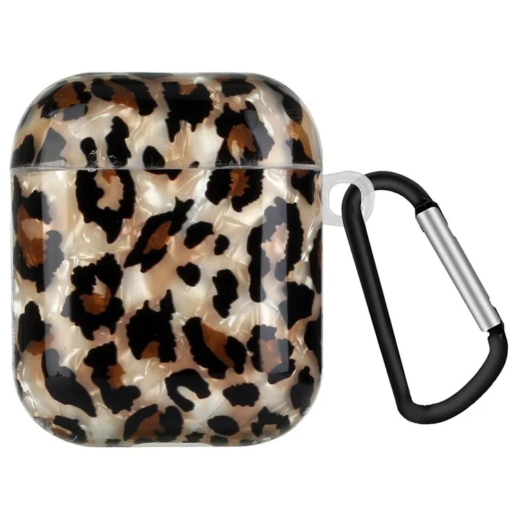 Para Apple AirPods com Case de Carregamento (2016)/(2019)/AirPods com Case de Carregamento Sem Fio (2019) Shell Grain Estojo de Fones de Ouvido Padrão Impresso IMD TPU Protetor de Fone de Ouvido com Gancho - Leopardo