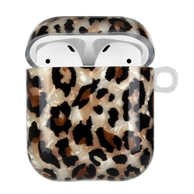 Para Apple AirPods com Case de Carregamento (2016)/(2019)/AirPods com Case de Carregamento Sem Fio (2019) Shell Grain Estojo de Fones de Ouvido Padrão Impresso IMD TPU Protetor de Fone de Ouvido com Gancho - Leopardo