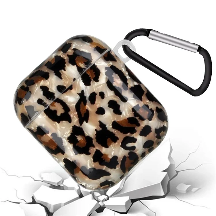 Para Apple AirPods com Case de Carregamento (2016)/(2019)/AirPods com Case de Carregamento Sem Fio (2019) Shell Grain Estojo de Fones de Ouvido Padrão Impresso IMD TPU Protetor de Fone de Ouvido com Gancho - Leopardo