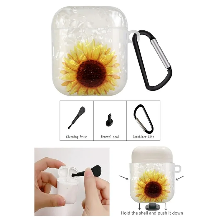 Per Apple AirPods With Charging Case (2016)/(2019)/AirPods With Wireless Charging Case (2019) Shell Grain Earphone Case Pattern Stampato IMD TPU Earbud Protector Con Hook - Girasole Giallo