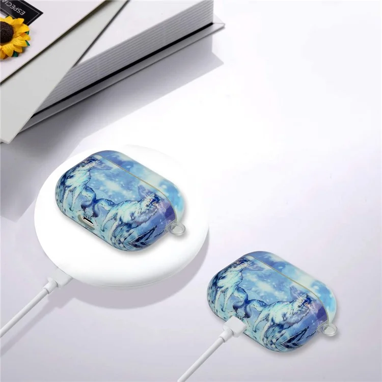 Étui à Écouteurs TPU Pour Apple Airpods Pro, IMD Pattern Imprimer Boîte de Charge Couverture de Protection Anti-étouffée Avec Crochet - Loup de Neige