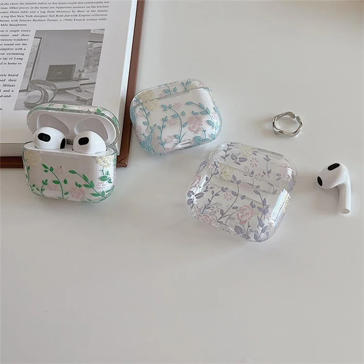 Für Apple AirPods 3 Gardenie-Blumen-Blätter-Druck-Ohrhörer-Tasche Trennbares Ladebox Transparente PC-Schale - Blaue Blätter/Blumen
