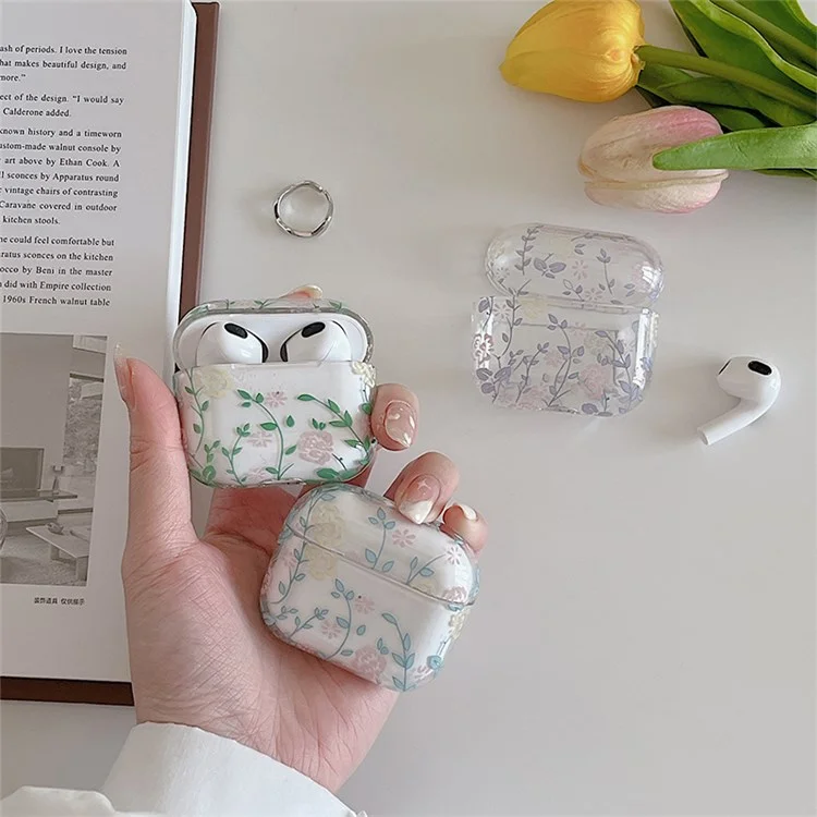 Für Apple AirPods 3 Gardenie-Blumen-Blätter-Druck-Ohrhörer-Tasche Trennbares Ladebox Transparente PC-Schale - Blaue Blätter/Blumen