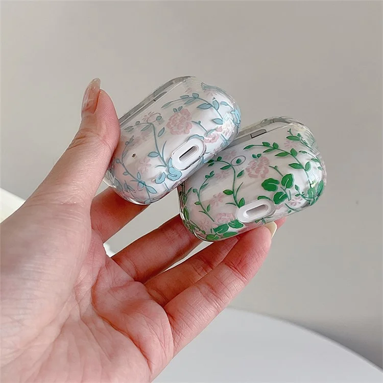 Für Apple AirPods 3 Gardenie-Blumen-Blätter-Druck-Ohrhörer-Tasche Trennbares Ladebox Transparente PC-Schale - Blaue Blätter/Blumen