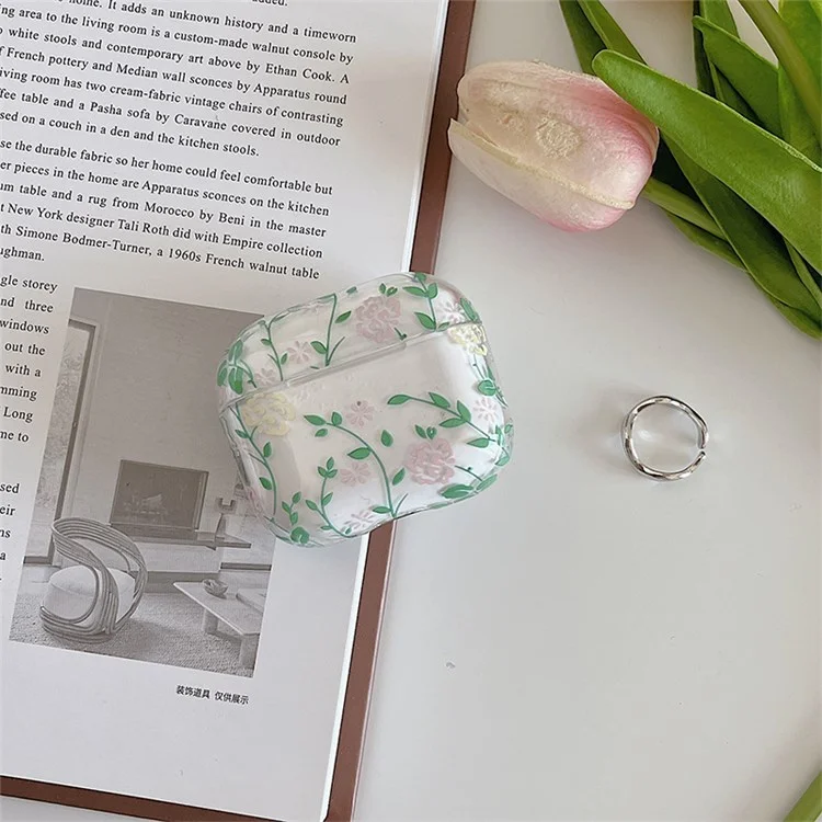 Für Apple AirPods 3 Gardenie-Blumen-Blätter-Druck-Ohrhörer-Tasche Trennbares Ladebox Transparente PC-Schale - Blaue Blätter/Blumen