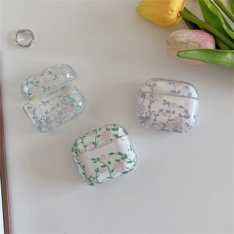 Für Apple AirPods 3 Gardenie-Blumen-Blätter-Druck-Ohrhörer-Tasche Trennbares Ladebox Transparente PC-Schale - Blaue Blätter/Blumen