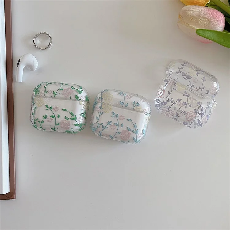 Für Apple AirPods 3 Gardenie-Blumen-Blätter-Druck-Ohrhörer-Tasche Trennbares Ladebox Transparente PC-Schale - Blaue Blätter/Blumen