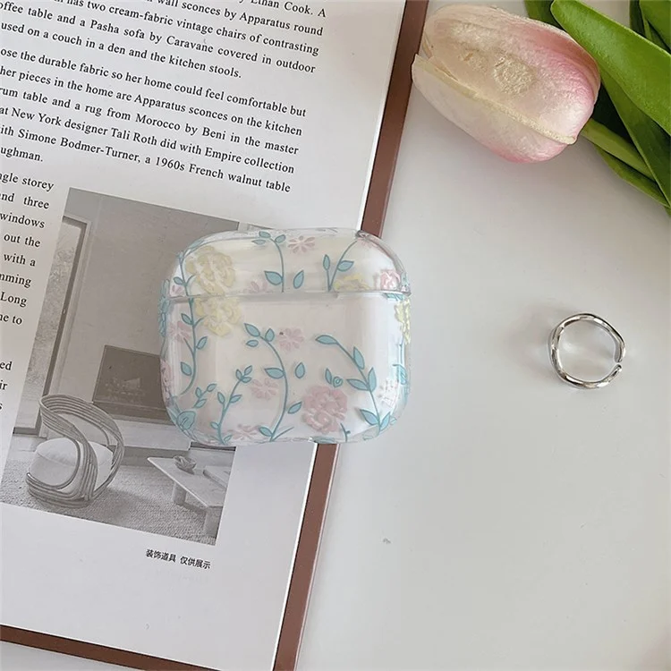 Für Apple AirPods 3 Gardenie-Blumen-Blätter-Druck-Ohrhörer-Tasche Trennbares Ladebox Transparente PC-Schale - Blaue Blätter/Blumen