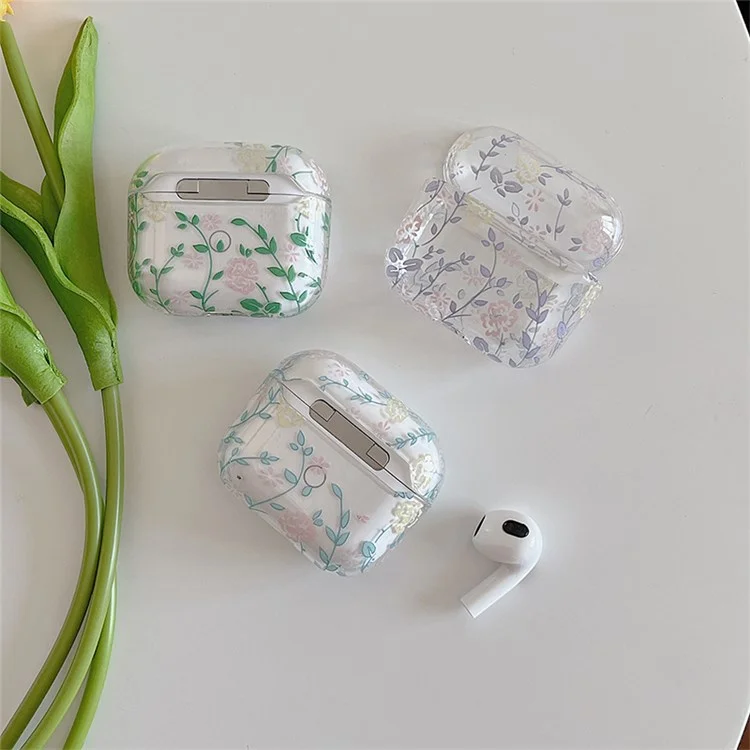 Für Apple AirPods 3 Gardenie-Blumen-Blätter-Druck-Ohrhörer-Tasche Trennbares Ladebox Transparente PC-Schale - Blaue Blätter/Blumen