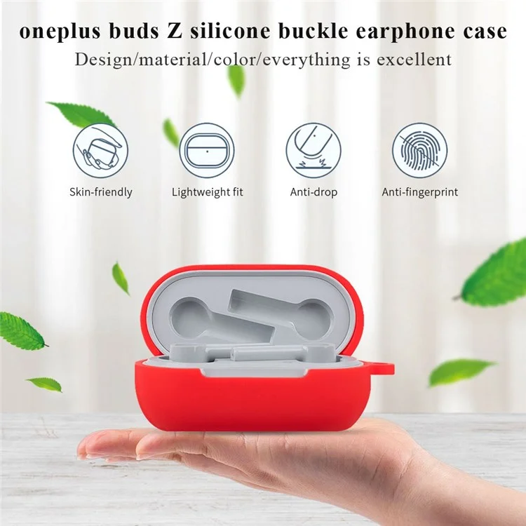 For OnePlus Buds Z Soft Silicone Anti-fingerprint Anti-drop Bluetooth-compatible Earphone Protective Case Cover with Buckle - Red