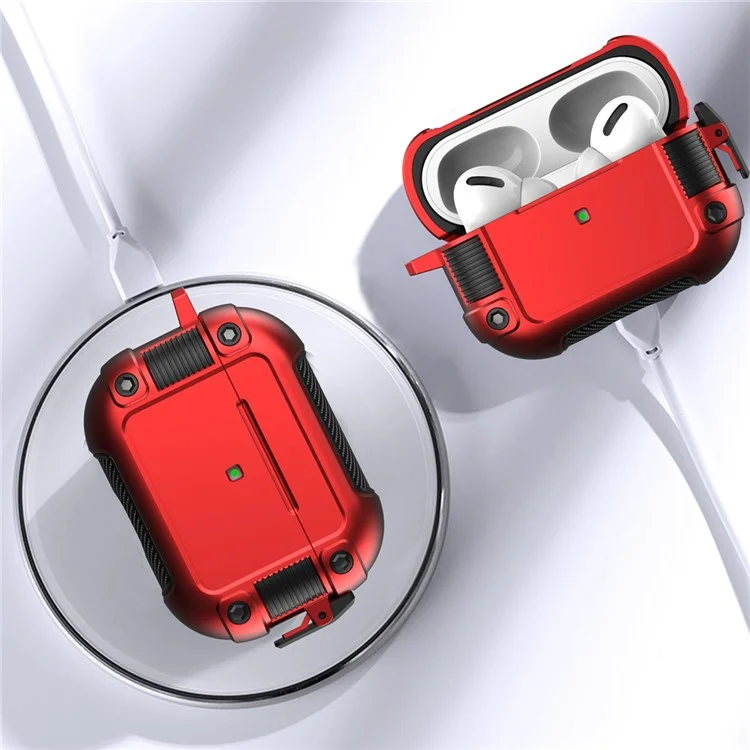 Para Apple AirPods Pro Lock Buckle Earphone Case PC + TPU Fones de Ouvido Charging Caixa de Proteção Tampa de Proteção Com Carabineiro - Vermelho
