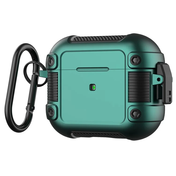 PC + TPU Case de Protección de Auriculares Para Apple AirPods 3, Cubierta de Caja de Carga de Auriculares de Diseño de Hebillas de Bloqueo Con Carabinero - Verde