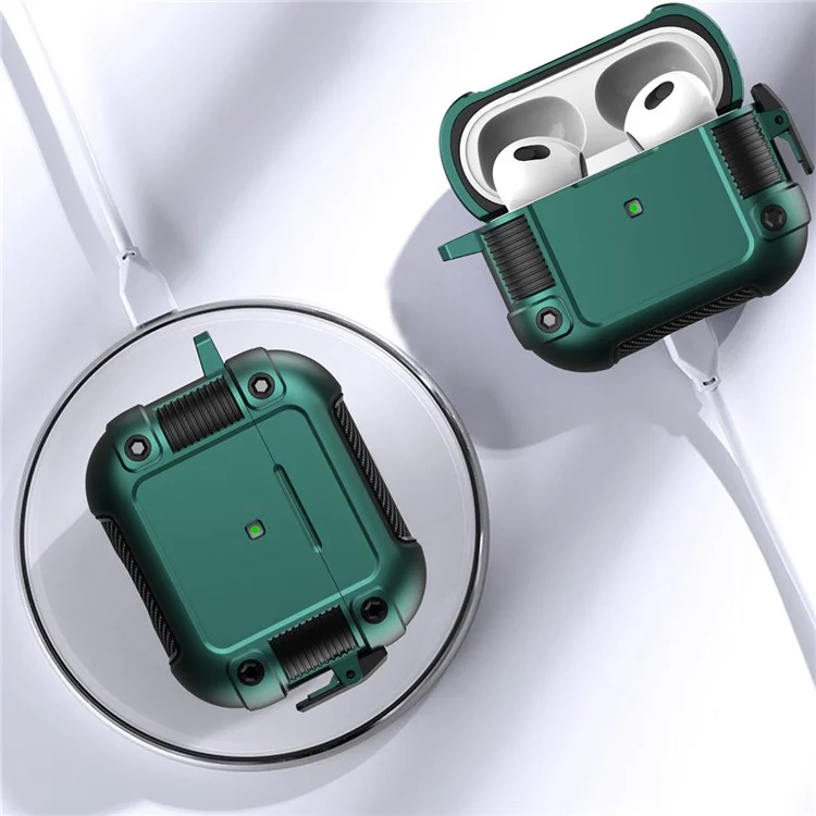 PC + TPU Case de Protección de Auriculares Para Apple AirPods 3, Cubierta de Caja de Carga de Auriculares de Diseño de Hebillas de Bloqueo Con Carabinero - Verde