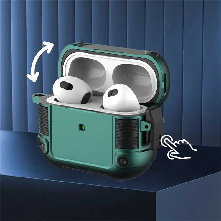 PC + TPU Case de Protección de Auriculares Para Apple AirPods 3, Cubierta de Caja de Carga de Auriculares de Diseño de Hebillas de Bloqueo Con Carabinero - Verde