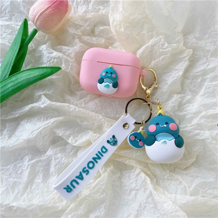 Portable Shockproof Case for Apple AirPods Pro Protective Cover with Keychain / Dinosaur Figure Bluetooth Earbuds Protector - Pink