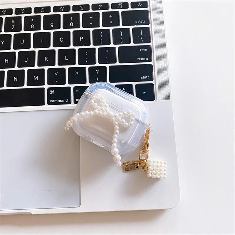 For Apple AirPods Pro Stylish Pear Bowknot Soft TPU Earphone Case Anti-fall Protective Cover with Square Pear Pendant - Black