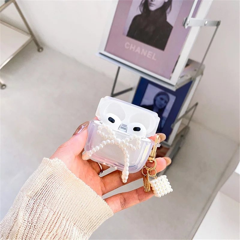 For Apple AirPods Pro Stylish Pear Bowknot Soft TPU Earphone Case Anti-fall Protective Cover with Square Pear Pendant - Black