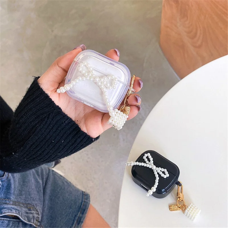 For Apple AirPods Pro Stylish Pear Bowknot Soft TPU Earphone Case Anti-fall Protective Cover with Square Pear Pendant - Black