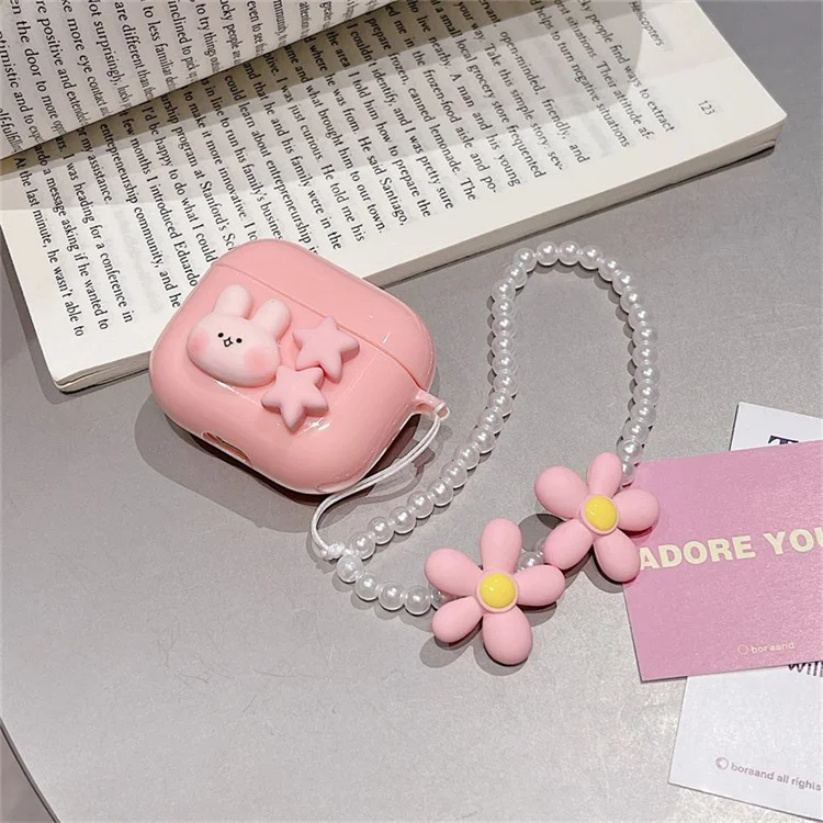 For Apple AirPods 3 Cute Rabbit Stars Soft TPU Earphone Case Protective Cover with Flower Pear Handy Strap