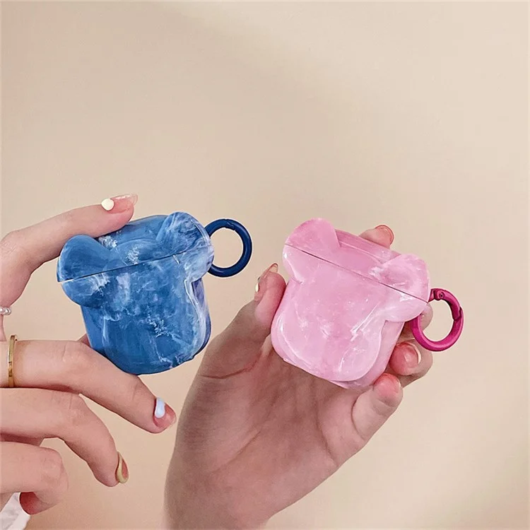 Per Apple AirPods With Charging Case (2016)/(2019)/AirPods With Wireless Charging Case (2019) Custodia Auricolare TPU Modello in Marmo TPU Copertura Protettiva a Forma di Testa Con Fibbia - Blu