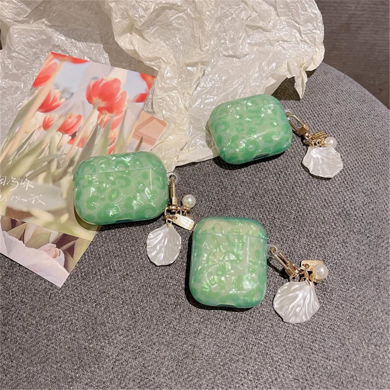 For Apple AirPods 3 Stylish Shell Grain TPU Anti-wear Bluetooth-compatible Earphone Charging Case Protective Cover with Shell Pearl Pendant