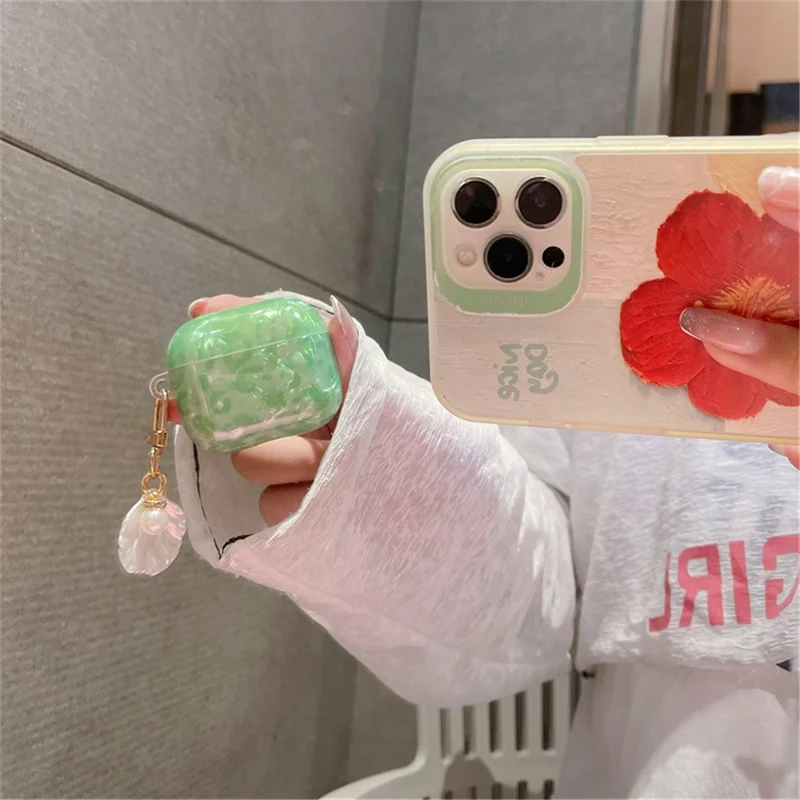 For Apple AirPods 3 Stylish Shell Grain TPU Anti-wear Bluetooth-compatible Earphone Charging Case Protective Cover with Shell Pearl Pendant