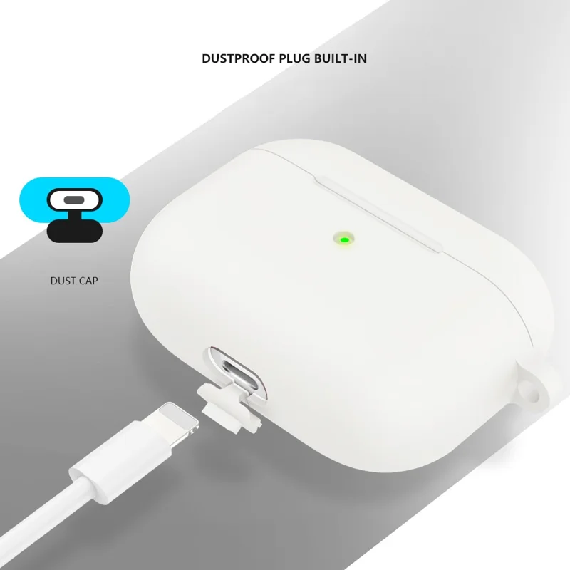 A060 Soft Silicone Earphone Cover for Apple AirPods 3, Shock-Absorbing Protective Case with Keychain - White