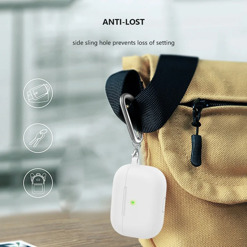 A060 Soft Silicone Earphone Cover for Apple AirPods 3, Shock-Absorbing Protective Case with Keychain - White