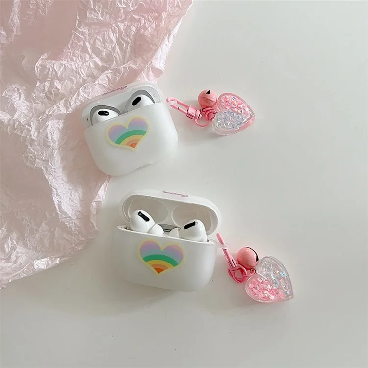 For Apple AirPods Pro Soft TPU Protective Cover Rainbow Heart Pattern Anti-fall Earphone Case with Heart Pendant